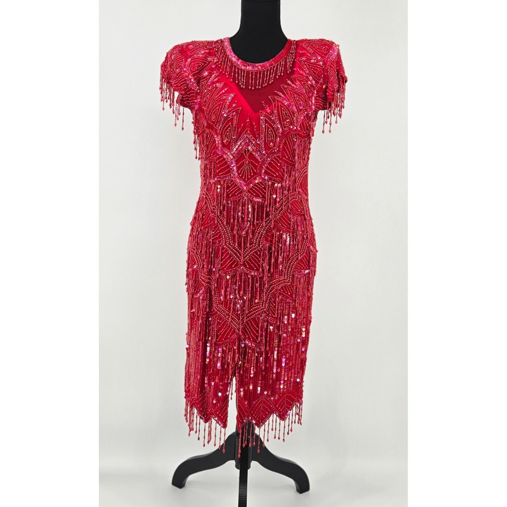 Laurence Kazar Red Sequin Silk Fringe Sheath Dress Prom Homecoming Party S VTG